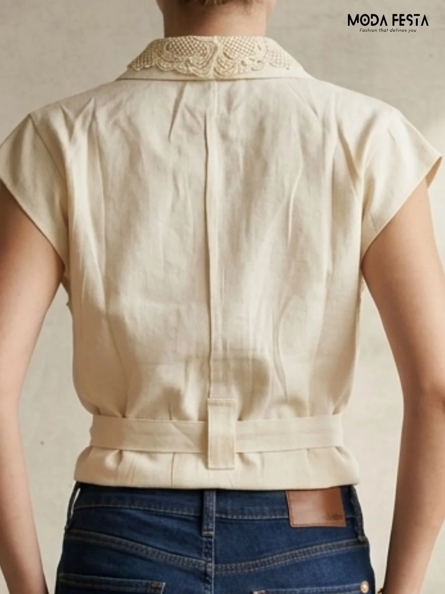 ModaFesta -Lace Collar Button-Down Top with waist-tie
